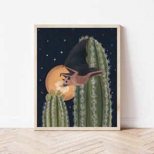 Bat and Moon Desert Nature Print Illustration - Lesser Long-Nosed Bat and Cacti Folk Art - Witchy, Celestial, Southwestern Wall Décor