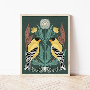 American Goldfinch Folk Art Print - Bird, Dandelion, and Autumn Leaves Nature Illustration - Witchy, Celestial, Birder Gift Wall Décor