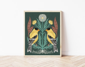 American Goldfinch Folk Art Print - Bird, Dandelion, and Autumn Leaves Nature Illustration - Witchy, Celestial, Birder Gift Wall Décor