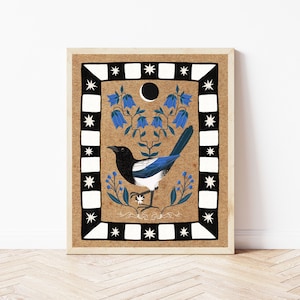 Magpie and Bluebells Folk Art Nature Print, Celestial Boho Bird and Botanical Wall Décor, Nature Lover&#39;s Whimsical Wall Art, Birder Gifts