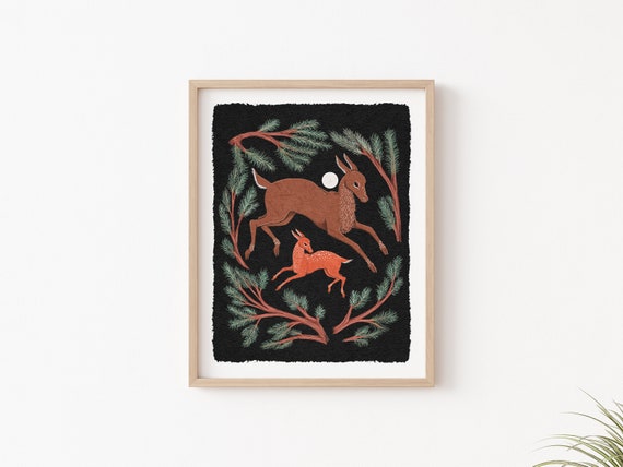 Folk Art Doe and Fawn Nature Print Illustration - Deer and Pine