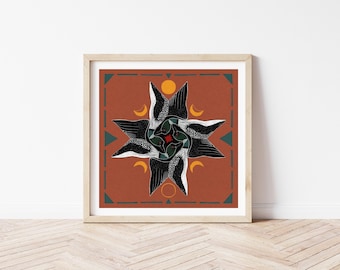 Loons and Moon Phase - Bird, Star, and Celestial Wall Décor - Common Loon Folk Art Nature Print - Bird Art