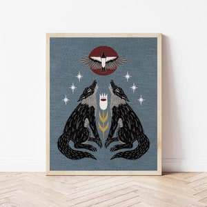 Twin Wolves and Magpie Folk Art Nature Print - Cottagecore Wall Décor - Celestial Wolf and Flying Bird Illustration - Witchy Art