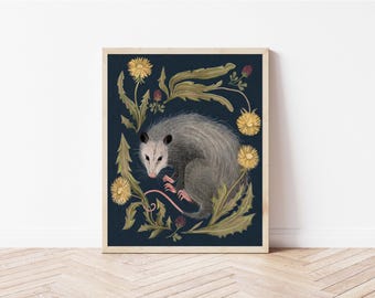 Opossum, Dandelions, and Clover Nature Print Illustration - Botanical Art Print - Dark Forest Possum Cottagecore Wall Décor