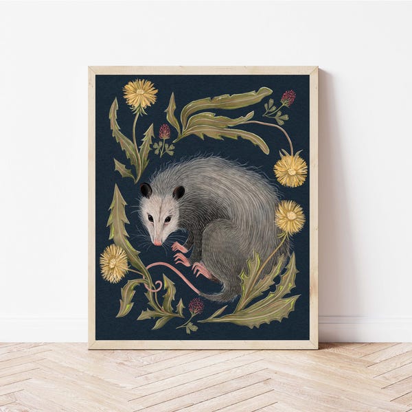 Opossum, Dandelions, and Clover Nature Print Illustration - Botanical Art Print - Dark Forest Possum Cottagecore Wall Décor