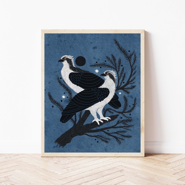 Osprey, Moon, and Cypress Folk Art Print - Birds of Prey, Fish Hawks, and Botanical Illustration - Witchy, Celestial, Cottagecore Wall Décor