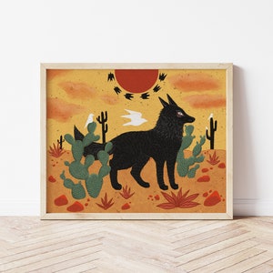 Wolf and Cactus Folk Art Nature Print - Black Coyote and Desert Illustration - Witchy, Celestial, Southwestern Cottagecore Wall Décor