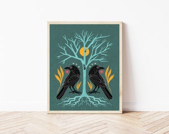 Crows, Tree, and Moon Art Print - Boho Raven Wall Décor - Black Bird Nature Illustration - Bright and Colorful Whimsical Wall Art