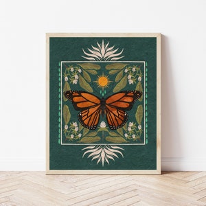Boho Monarch Butterfly Art, Floral Folk Art and Butterfly Illustration, Native Milkweed and Sun Insect Wall Décor, Flora and Fauna Print