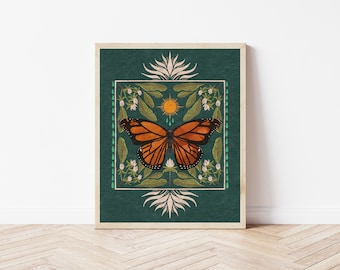 May include: A square print with a teal background featuring a monarch butterfly with orange and black wings, a yellow sun, and white flowers. The butterfly is surrounded by a green and white border.