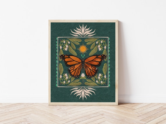 Boho Monarch Butterfly Art, Floral Folk Art and Butterfly Illustration, Native Milkweed and Sun Insect Wall Décor, Flora and Fauna Print
