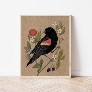 Red-Winged Blackbird and Blackberry Bush Folk Art Print - Songbird and Botanical Illustration - Witchy, Celestial, Cottagecore Wall Décor