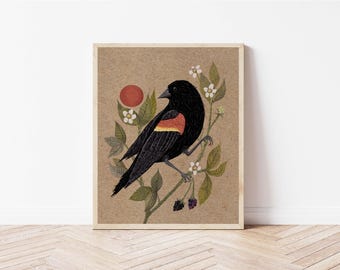Red-Winged Blackbird and Blackberry Bush Folk Art Print - Songbird and Botanical Illustration - Witchy, Celestial, Cottagecore Wall Décor