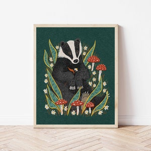 Badger, Mushroom, and Snake Plant Nature Art Print - Woodland Creature Botanical Illustration - Witchy Dark Forest Cottagecore Wall Décor