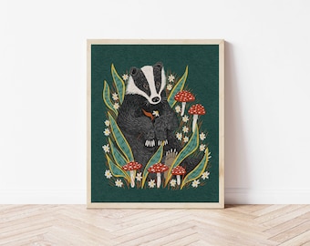 Badger, Mushroom, and Snake Plant Nature Art Print - Woodland Creature Botanical Illustration - Witchy Dark Forest Cottagecore Wall Décor