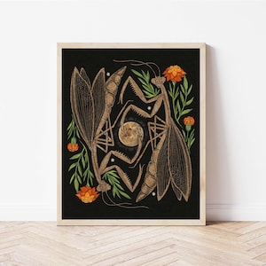 Mantids and Marigolds Folk Art Nature Print - Whimsical Bug Art - Insect Gallery Wall Decor - Praying Mantids Print
