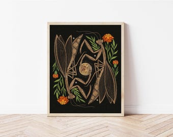 Mantids and Marigolds Folk Art Nature Print - Whimsical Bug Art - Insect Gallery Wall Decor - Praying Mantids Print