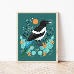 Magpie and Nasturtium Folk Art Nature Print, Celestial Boho Bird and Botanical Wall Décor, Nature Lover's Whimsical Wall Art, Birder Gifts