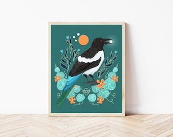 Magpie and Nasturtium Folk Art Nature Print, Celestial Boho Bird and Botanical Wall Décor, Nature Lover's Whimsical Wall Art, Birder Gifts