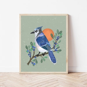 Sunrise Blue Jay and Blueberry Bush Illustration, Morning Sun Bird and Botanical Art Print, Nature Lover's Folk Art Wall Décor, Birder Gifts