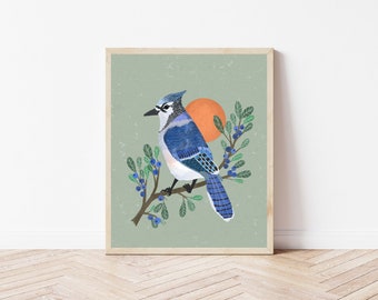 Sunrise Blue Jay and Blueberry Bush Illustration, Morning Sun Bird and Botanical Art Print, Nature Lover's Folk Art Wall Décor, Birder Gifts