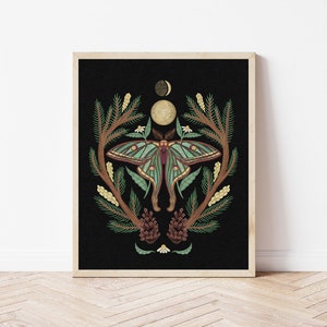 Spanish Moon Moth Print - Moth Illustration - Luna Moth Print - Witchy, Celestial, Dark Wall Décor