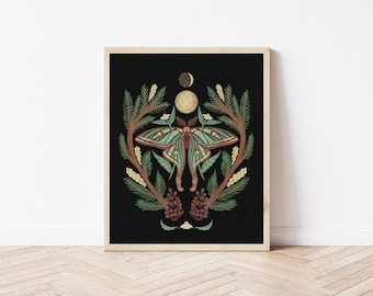 Spanish Moon Moth Print - Moth Illustration - Luna Moth Print - Witchy, Celestial, Dark Wall Décor