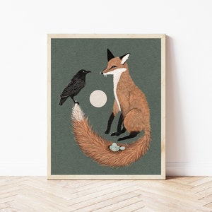 Fox, Crow, and Bird Nest Nature Print - Red Fox and Folk Art Bird Wall Décor - Full Moon, Eggs, and Raven, Autumn Colors Print