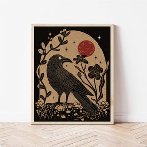 Folk Art Crow and Blood Moon Nature Print - Bird Print - Witchy Cottagecore Art - Gothic Crow Wall Décor -