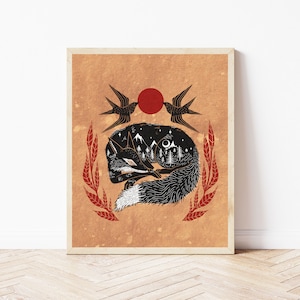 Folk Art Fox and Forest Nature Print - Celestial Woodland Creatures Wall Décor - Rustic Fox, Birds, and Night Sky Illustration
