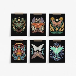 Variety Bundle 6 Pack Mini Prints - 5 x 7 inch Assorted Boho Moth Wall Décor - Insect Art Prints - Dark Cottagecore Nature Illustration