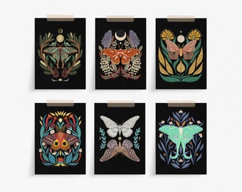 Variety Bundle 6 Pack Mini Prints - 5 x 7 inch Assorted Boho Moth Wall Décor - Insect Art Prints - Dark Cottagecore Nature Illustration