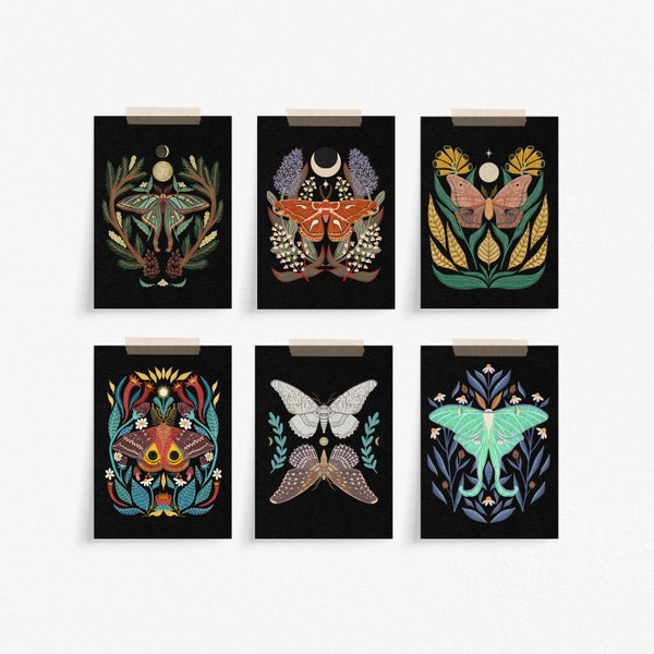 Variety Bundle 6 Pack Mini Prints - 5 x 7 inch Assorted Boho Moth Wall Décor - Insect Art Prints - Dark Cottagecore Nature Illustration