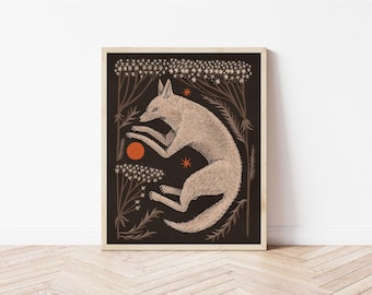 Folk Art Wolf and Yarrow Print - Cottagecore Animal Wall Décor