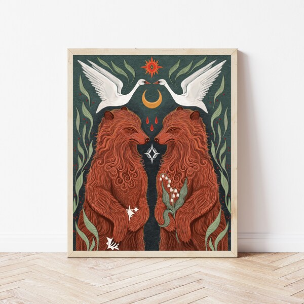 Bear, Stars, and Swan Folk Art Nature Art Print - Folk Art, Forest, Woodland Goblincore Illustration - Witchy, Celestial,  Pagan Wall Décor