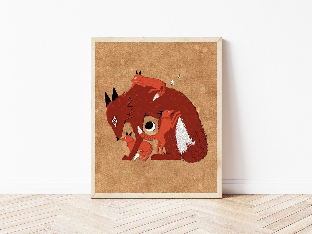 Folk Art Fox and Kits Art Print Woodland Creatures Wall Décor Rustic Fox, Moon, and Stars ...