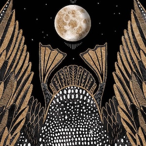 May include: A black and gold illustration featuring a central moon and a star above a stylized creature with large, feathered wings. The body is covered in white dots, and the wings are detailed with gold lines against a dark background.