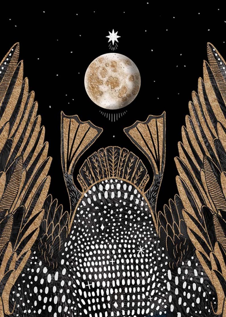May include: A black and gold illustration featuring a central moon and a star above a stylized creature with large, feathered wings. The body is covered in white dots, and the wings are detailed with gold lines against a dark background.