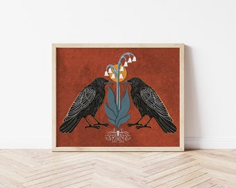 Folk Art Crows and Lily of the Valley Nature Print - Bird Print - Witchy Cottagecore Art - Red Gothic Raven Wall Décor