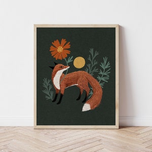 Folk Art Fox and Flower Nature Print - Red Fox and Botanicals Wall Décor - Green Art, Full Moon, Celestial, Witchy, Cottagecore Art