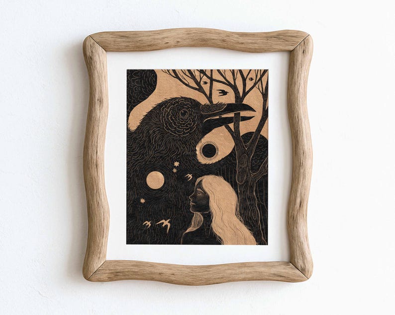 Night Crow, Sun, and Moon Folk Art Print - Bird Art Print - Folklore Cottagecore Art - Gothic Raven Wall Décor image 2