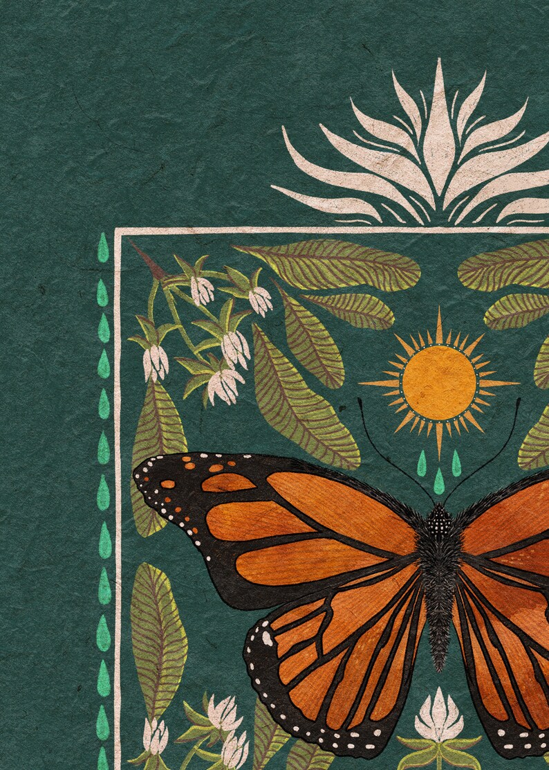 K&ouml;nnte beinhalten: Eine stilisierte Illustration eines Monarchfalters mit orangefarbenen und schwarzen Fl&uuml;geln, umgeben von gr&uuml;nen Bl&auml;ttern und wei&szlig;en Bl&uuml;ten. Die Sonne scheint &uuml;ber dem Schmetterling und es fallen Regentropfen vom Himmel.