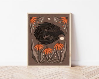 Crow and Coneflower - Bird and Florals Wall Décor - Raven Folk Art Nature Print - Corvid Bird Art
