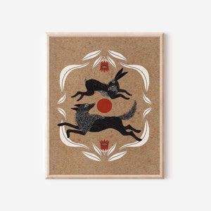 Wolf Chasing Rabbit and Blood Moon Folk Art Nature Print - Cottagecore ...