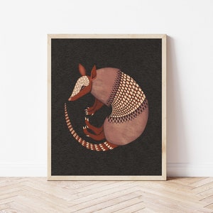 Curled Armadillo Nature Illustration - Nine Banded Armadillo Wall Décor - Desert Animal Folk Art Print - Fall and Autumn Colors