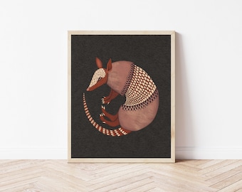 Curled Armadillo Nature Illustration - Nine Banded Armadillo Wall Décor - Desert Animal Folk Art Print - Fall and Autumn Colors