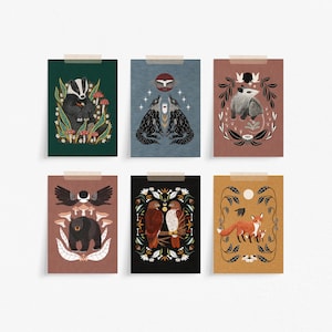 Variety Bundle 6 Pack Mini Prints - 5 x 7 inch Assorted Folk Art Animal Wall Décor -  Boho Woodland Creature Cottagecore Nature Illustration