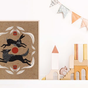 Wolf Chasing Rabbit and Blood Moon Folk Art Nature Print - Cottagecore ...