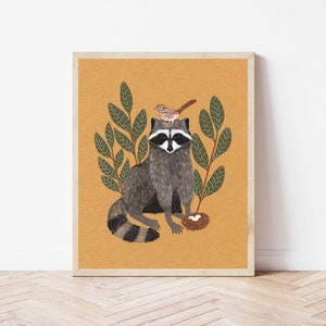 Raccoon, Sparrow, and Bird Nest Nature Print - Woodland Creatures Nursery and Kid's Art - Animal and Botanical Cottagecore Wall Décor