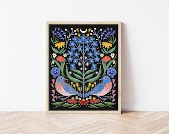Eastern Bluebird and Flowers, Bird and Botanical Art Print, Nature Lover's Folk Art Wall Décor, Birder Gifts